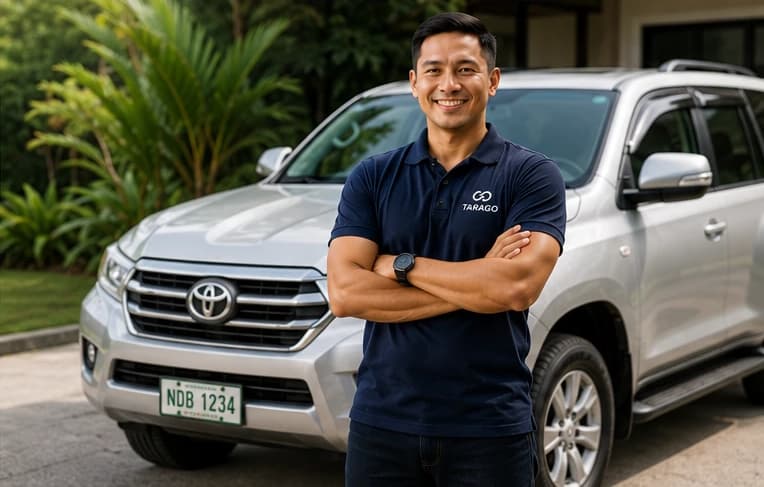 Tarago verified driver standing beside vehicle
